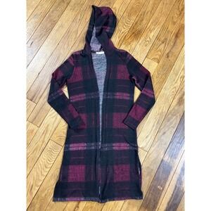 Its Our Time Plaid‎ Longline Open Front Hooded Cardigan Sweater Womens Small